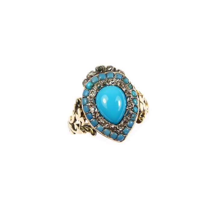 Antique turquoise and diamond heart-and-crown target cluster ring